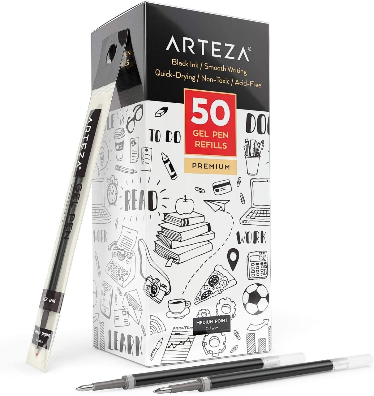 Arteza Gel Ink Pen Refills, Black - Doodle, Draw, Journal - 50 Pack